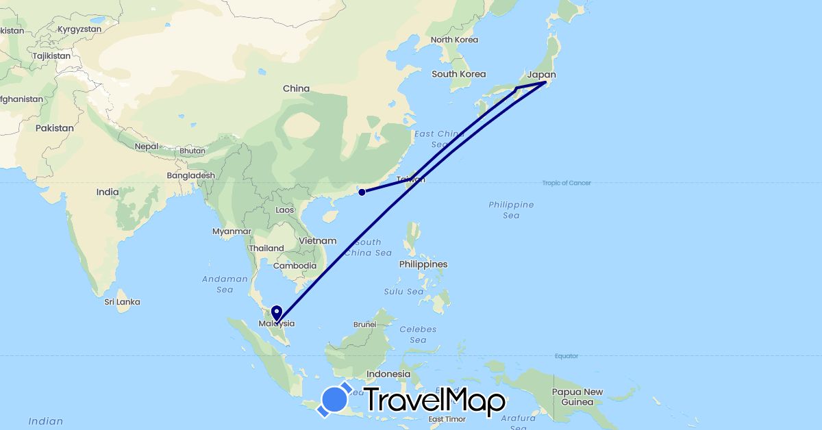TravelMap itinerary: driving in China, Japan, Malaysia, Taiwan (Asia)